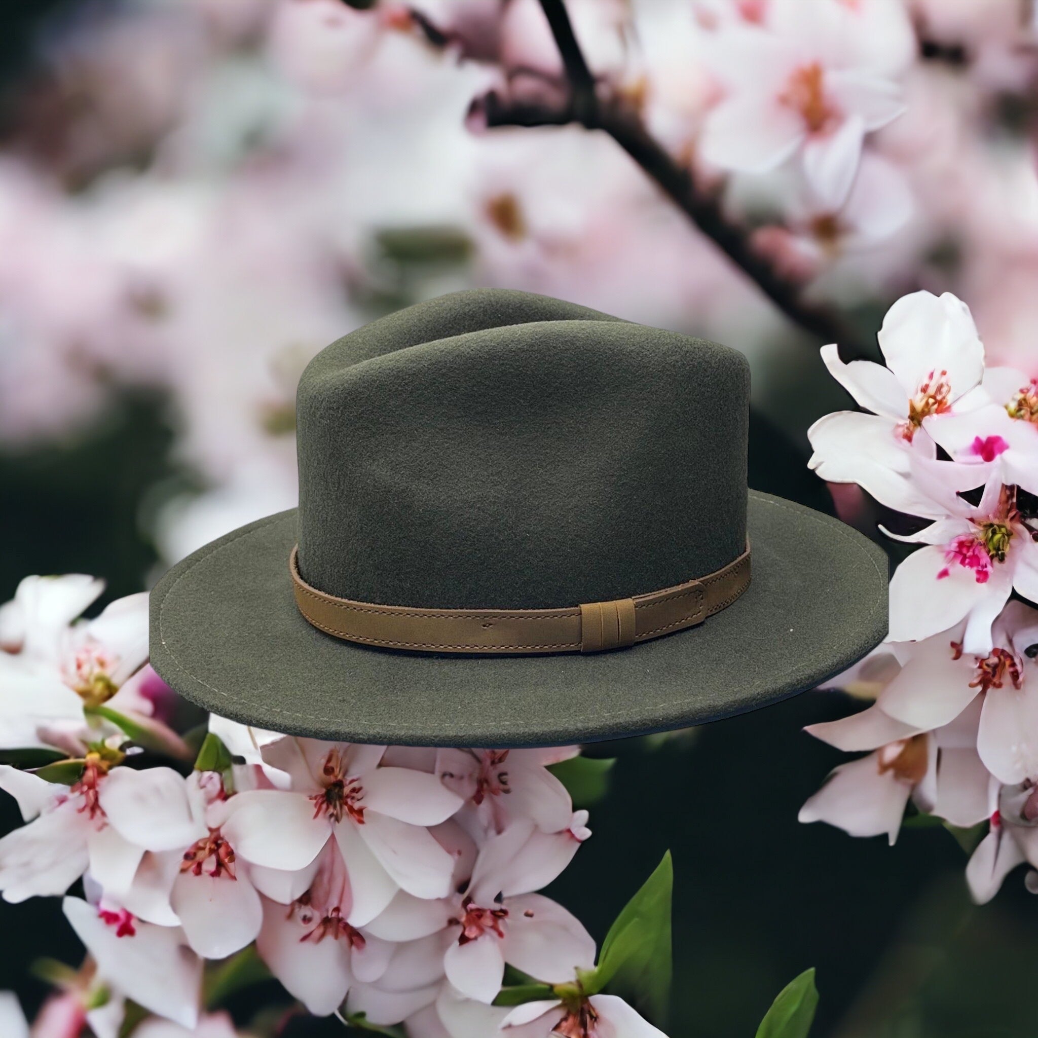 Fedora Olive Green Hat With A Brown Leather Band Country Feathers