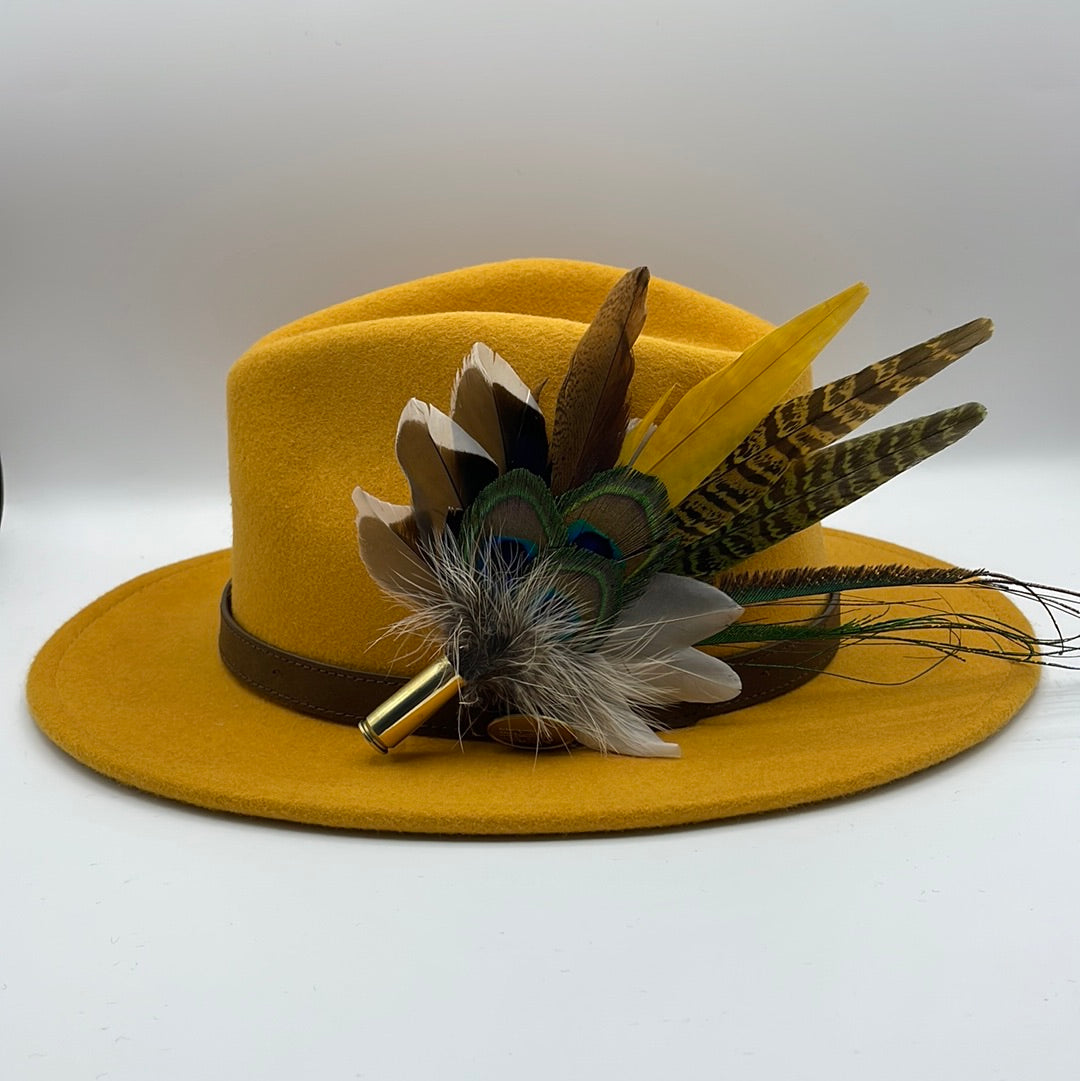 Peacock, Mustard & Natural Feather Hat Pin (CFP338)