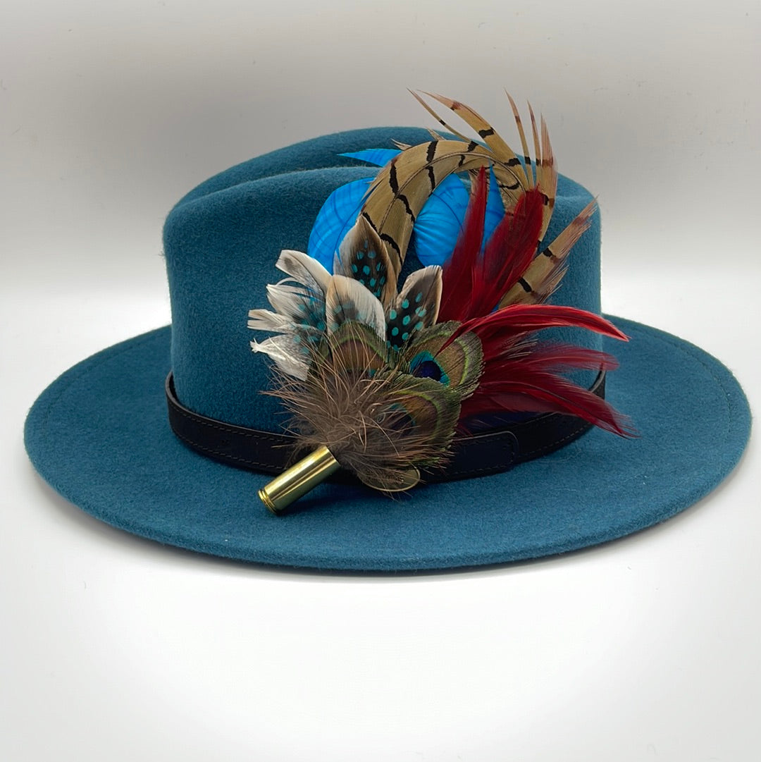 Peacock, Wine, Blue & Natural Feather Hat Pin (CFP288)