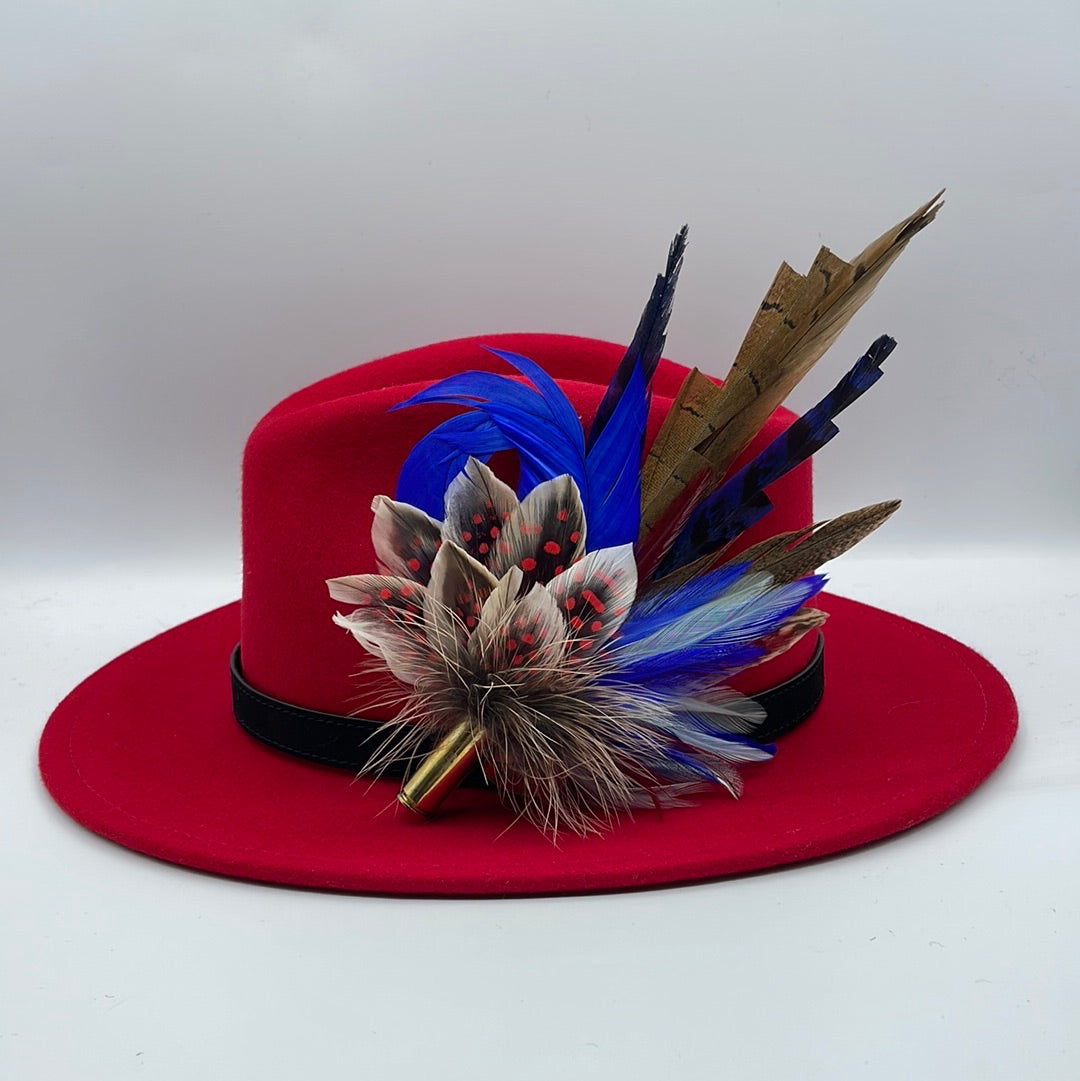 Blue, Red & Natural Feather Hat Pin (CFP395)