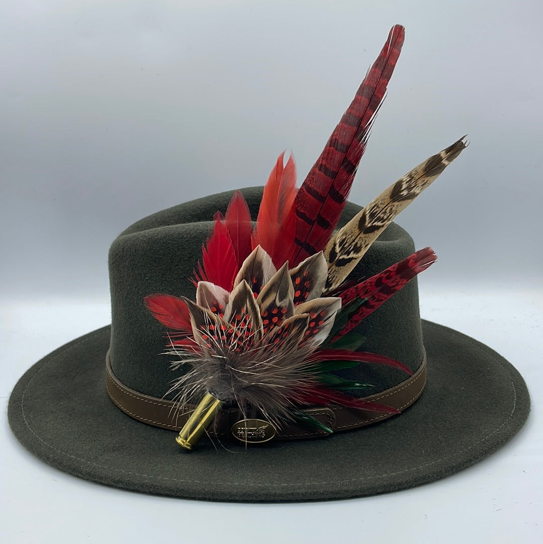 Ruby, Green, Red & Natural Feather Hat Pin (CFP354)