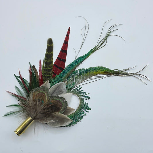 Peacock, Wine, Red & Natural Feather Hat Pin (CFP351)