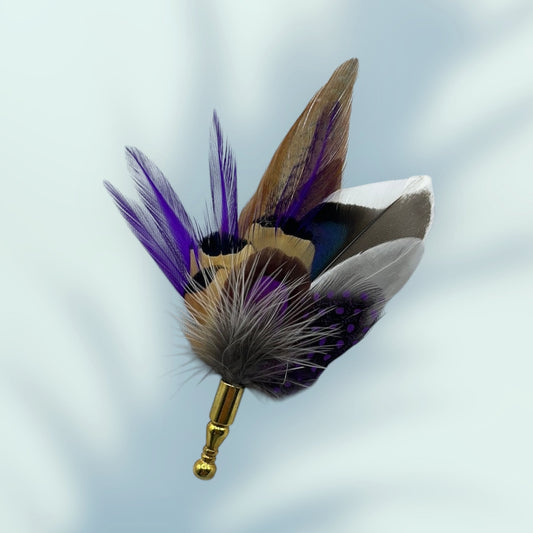 Purple & Natural Feather Lapel Pin in a Gold Clasp (CFLP087)