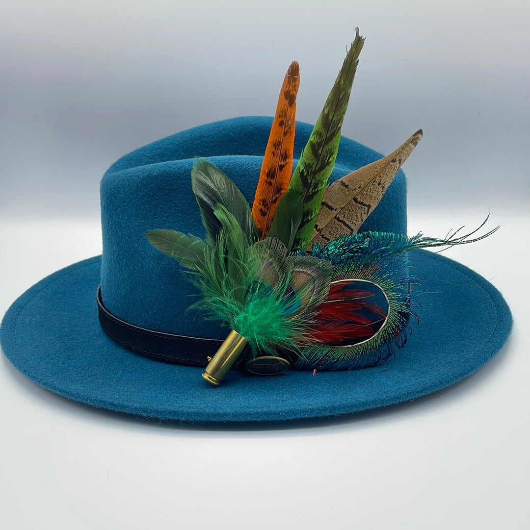 Peacock, Rust, Green & Natural Feather Hat Pin (CFP353)