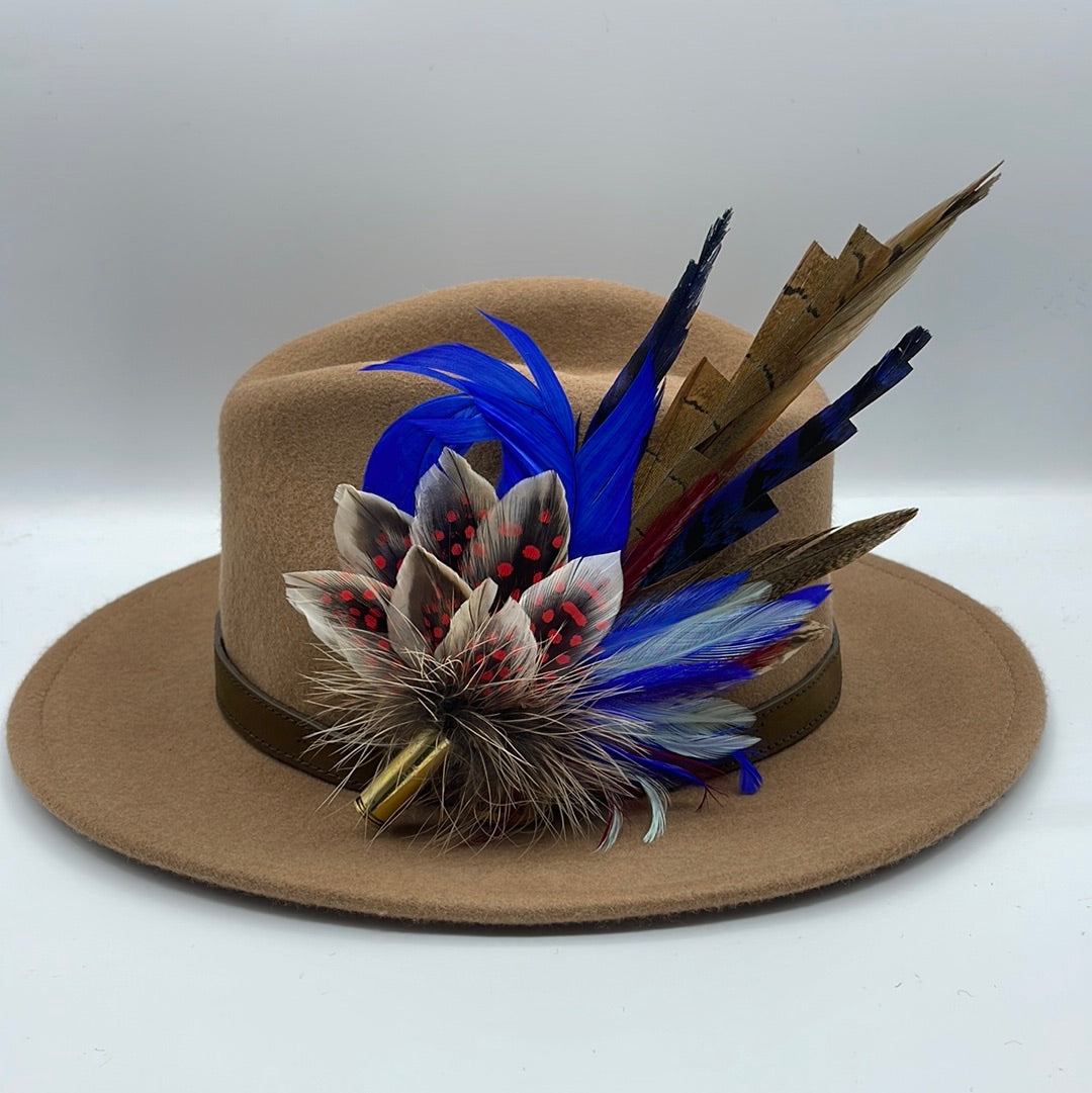 Blue, Red & Natural Feather Hat Pin (CFP395)