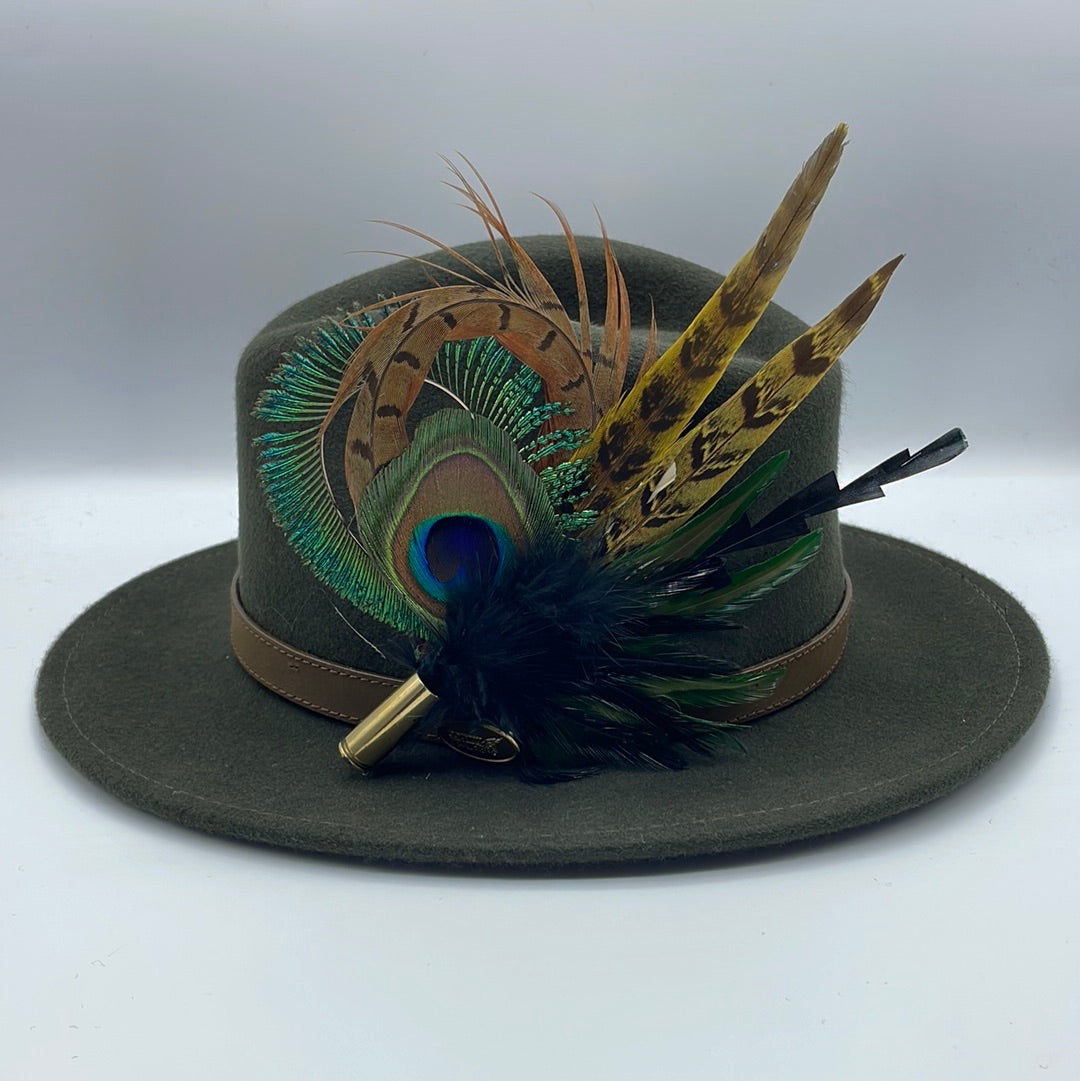 Peacock, Green & Natural Feather Hat Pin (CFP388)