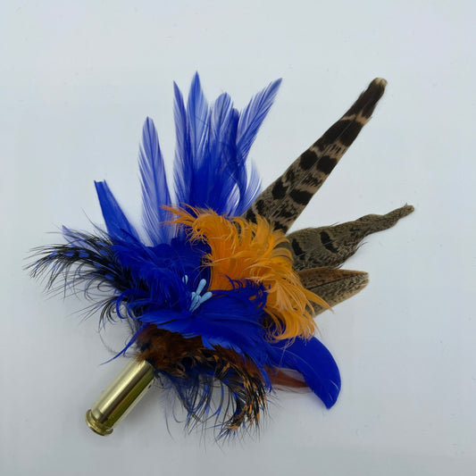 Orange, Royal Blue & Natural Feather Hat Pin (CFP543)