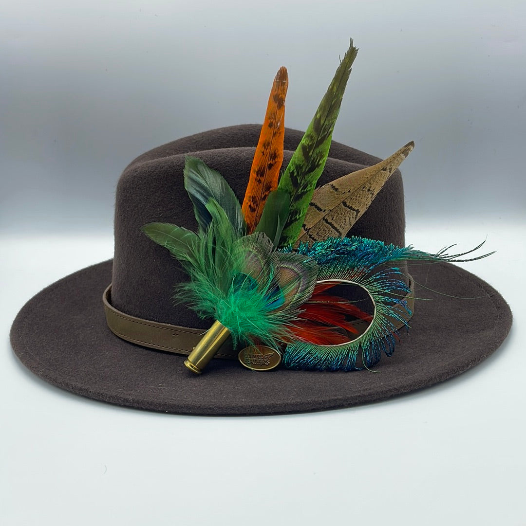 Peacock, Rust, Green & Natural Feather Hat Pin (CFP353)