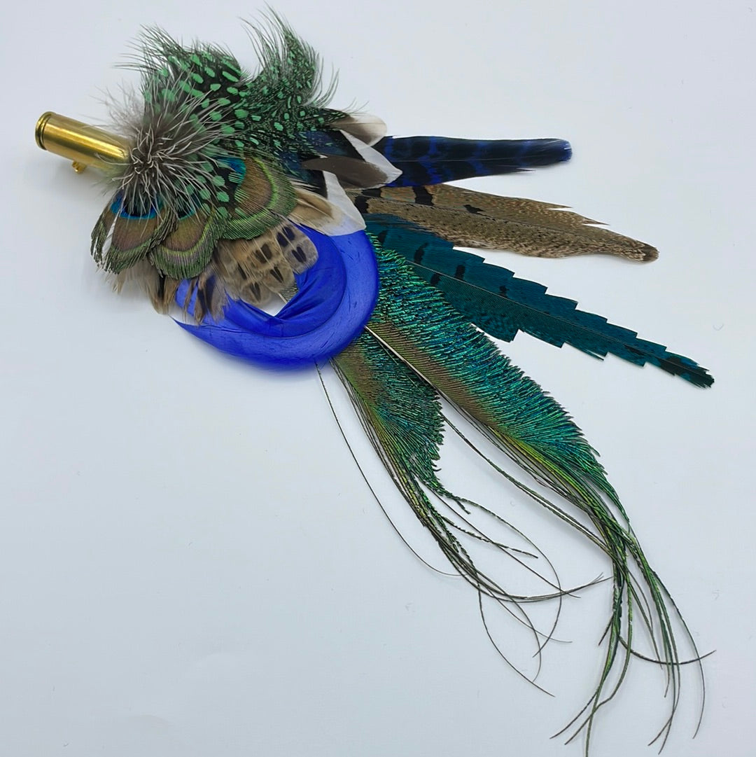 Peacock, Blue & Natural Feather Hat Pin (CFP346)