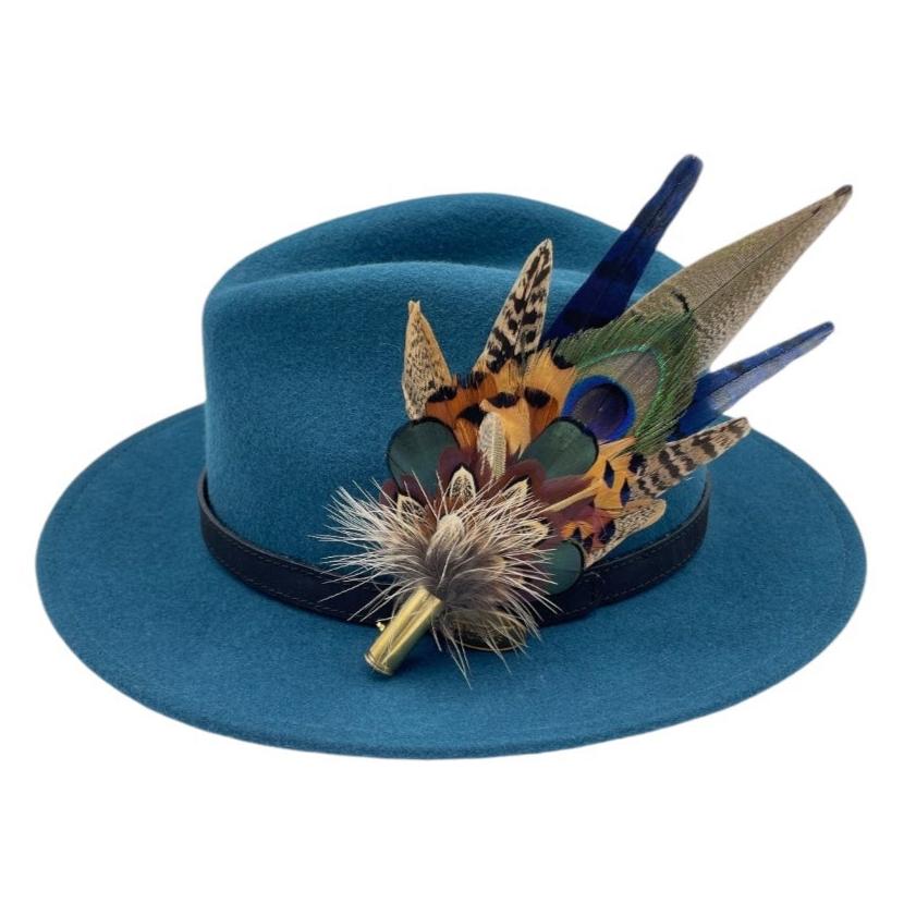 Blue, Olive Green & Natural Feather Hat Pin (CFP676)