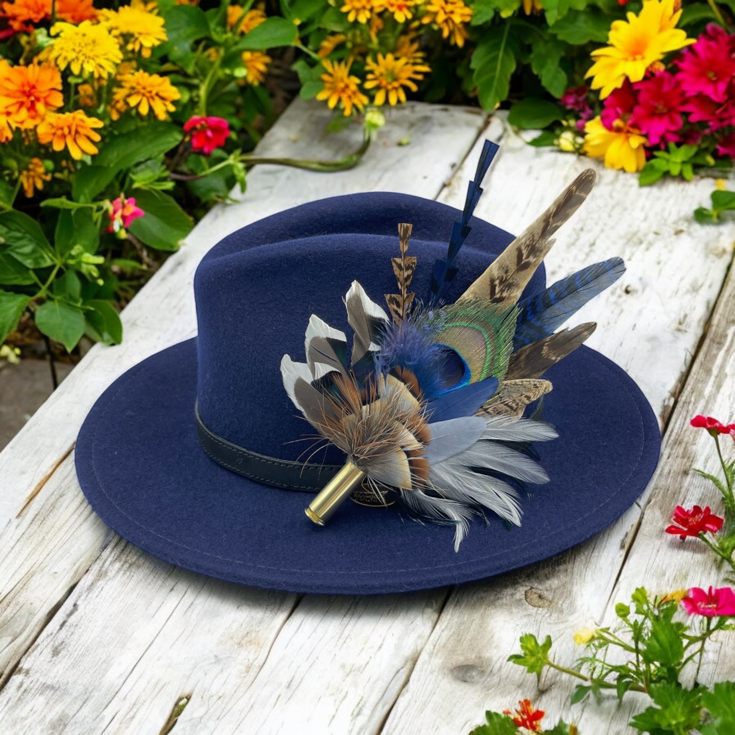 Blue, Grey & Natural Feather Hat Pin (CFP678)