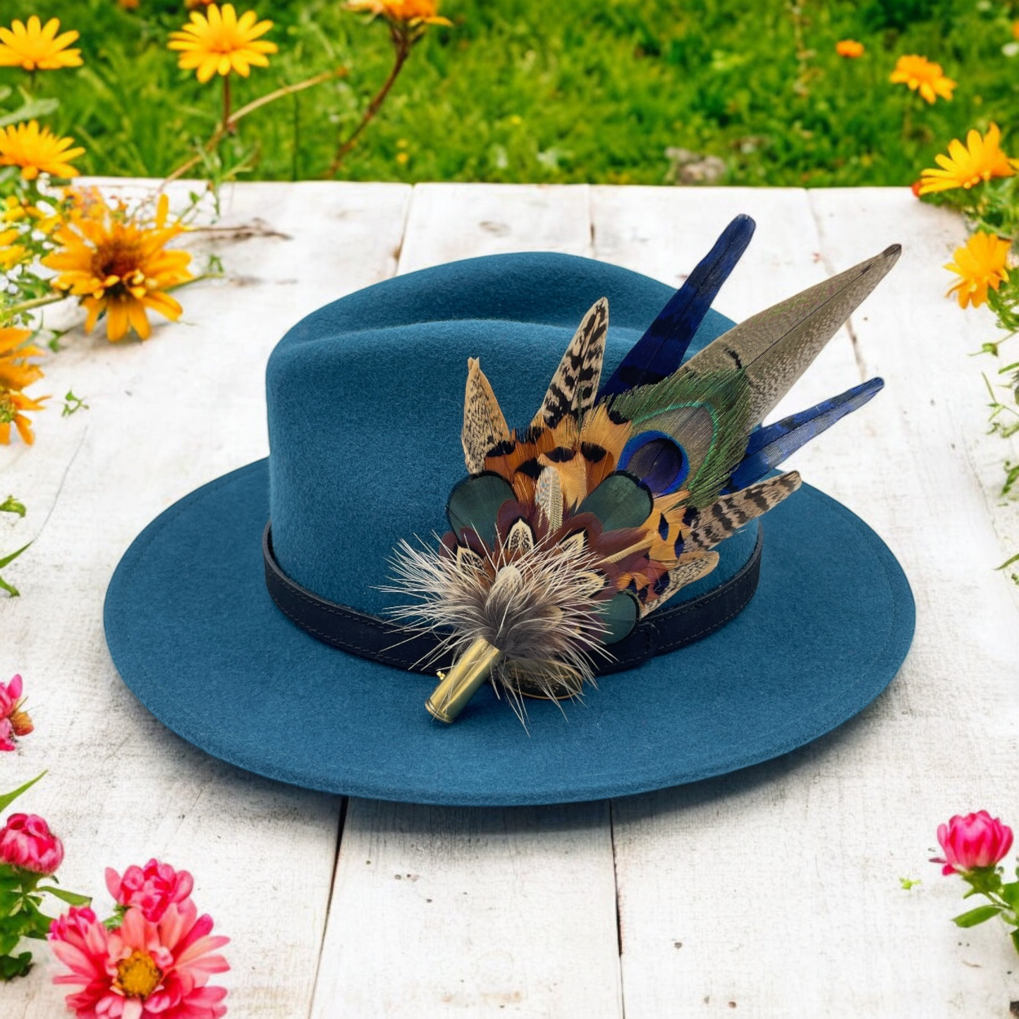 Blue, Olive Green & Natural Feather Hat Pin (CFP676)