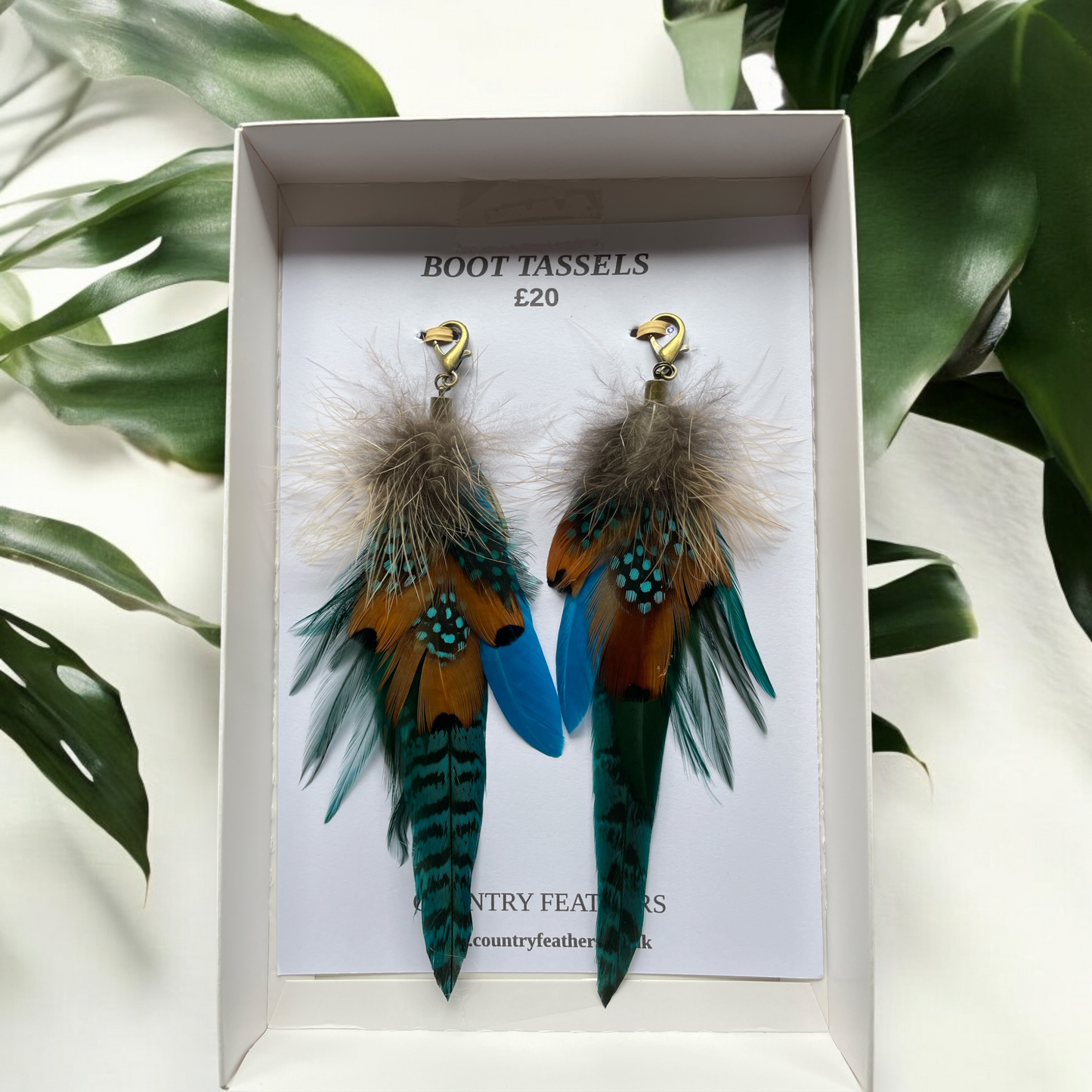 Turquoise, Green & Natural Feather Boot Tassels (CFB4094)