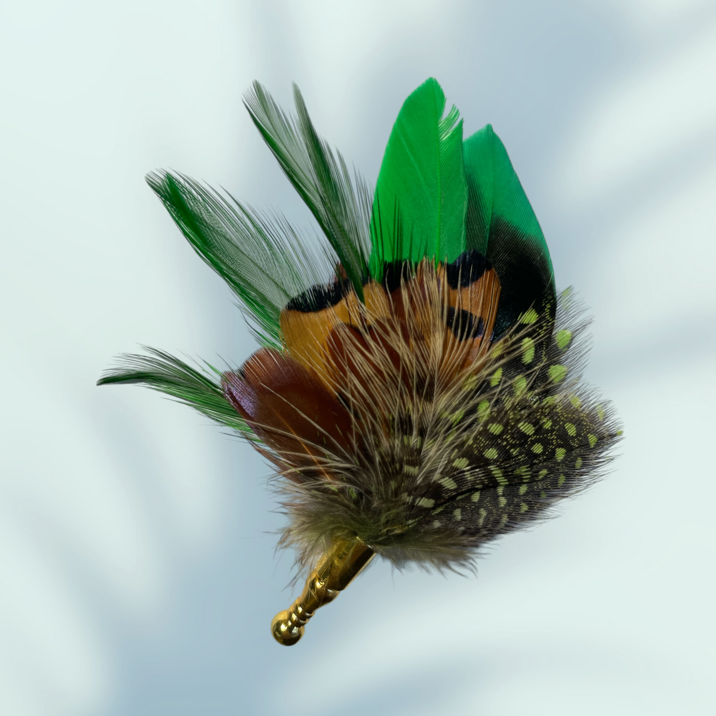 Green & Natural Feather Lapel Pin in a Gold Clasp (CFLP177)