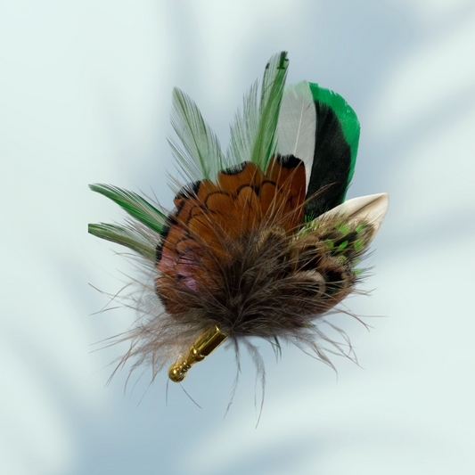 Green & Natural Feather Lapel Pin in a Gold Clasp (CFLP179)