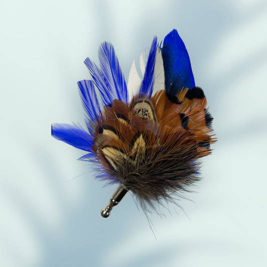 Royal Blue & Natural Feather Lapel Pin in a Silver Clasp (CFLP181)