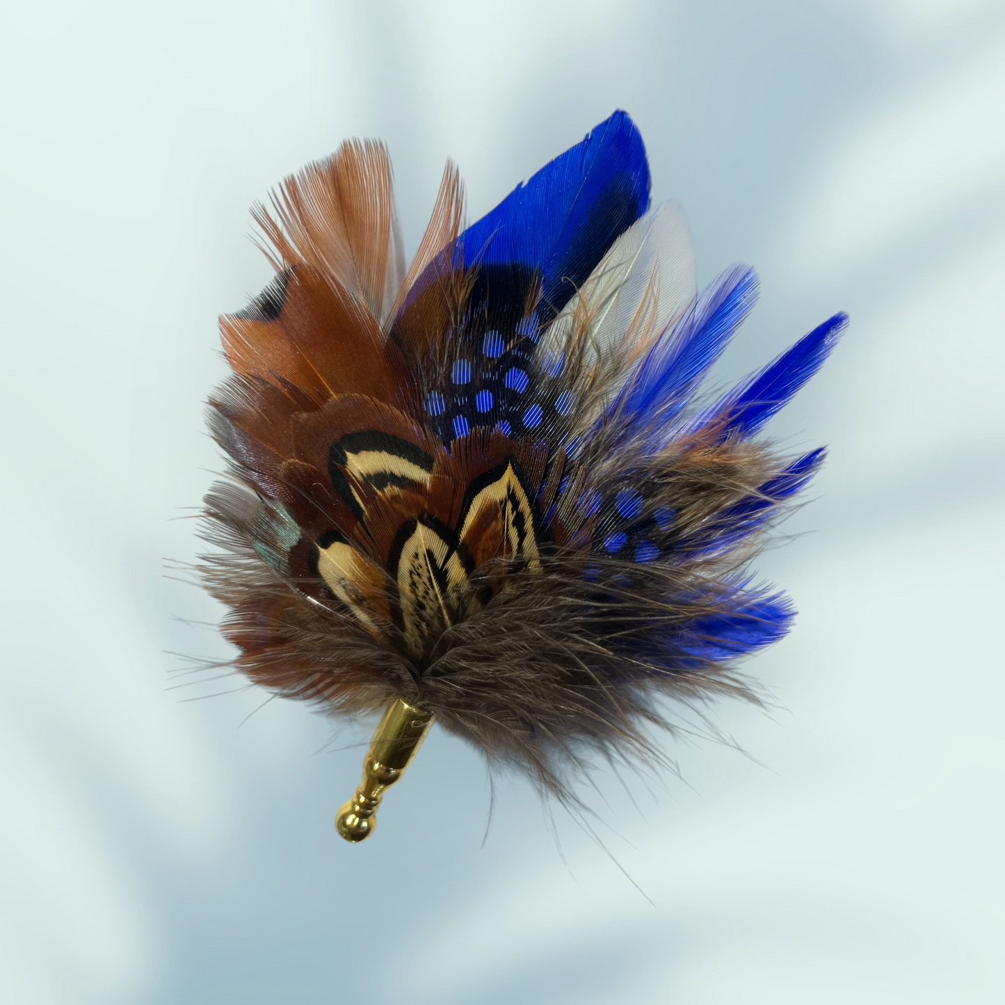 Royal Blue & Natural Feather Lapel Pin in a Gold Clasp (CFLP182)