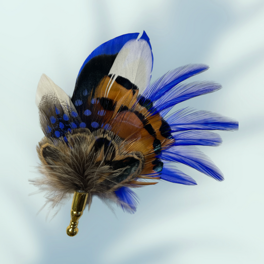 Royal Blue & Natural Feather Lapel Pin in a Gold Clasp (CFLP183)