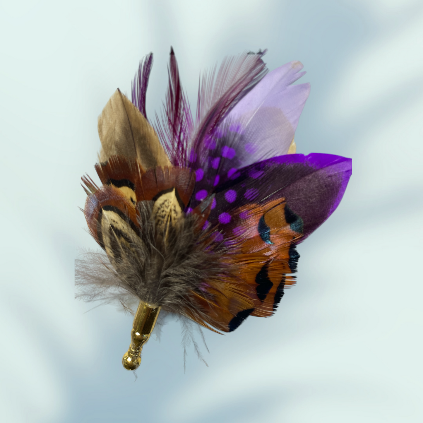 Purple & Natural Feather Lapel Pin in a Gold Clasp (CFLP186)