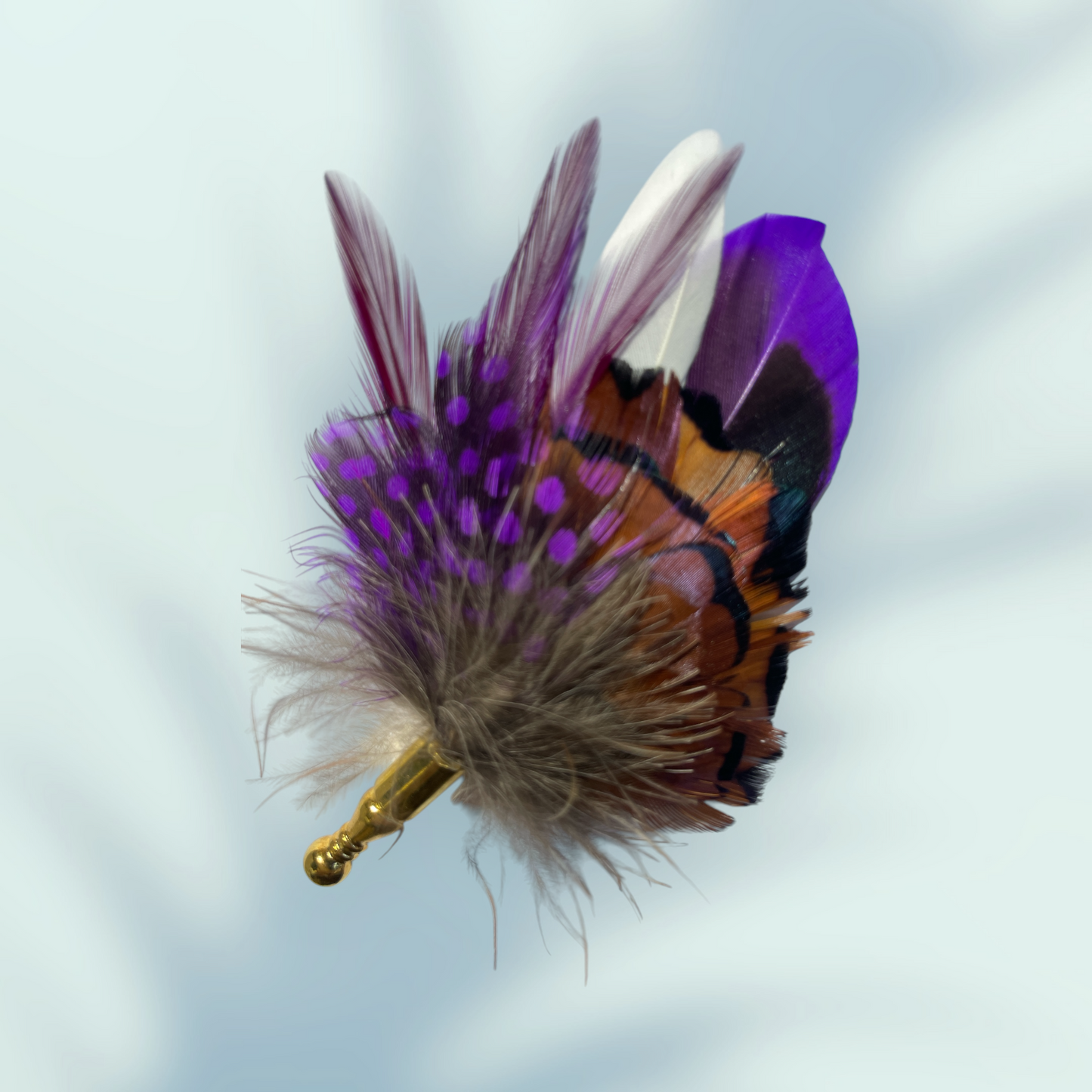 Purple & Natural Feather Lapel Pin in a Gold Clasp (CFLP187)