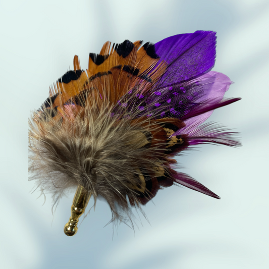 Purple & Natural Feather Lapel Pin in a Gold Clasp (CFLP188)