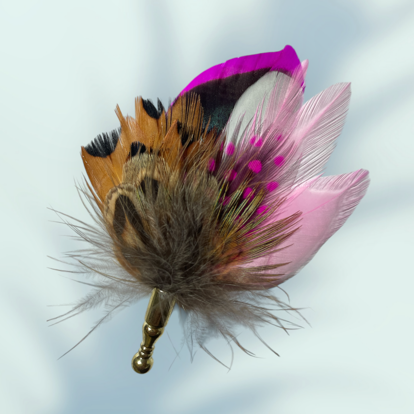 Cerise Pink & Natural Feather Lapel Pin in a Gold Clasp (CFLP196)