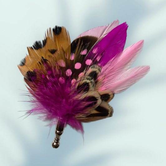 Cerise, Light Pink & Natural Feather Lapel Pin in a Silver Clasp (CFLP199)