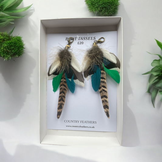 Blue, Green & Natural Feather Boot Tassels (CFB4055)