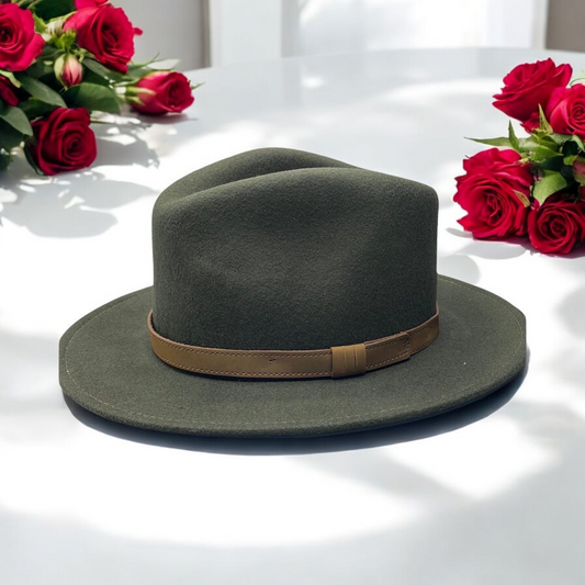 Fedora Olive Green Hat With A Brown Leather Band