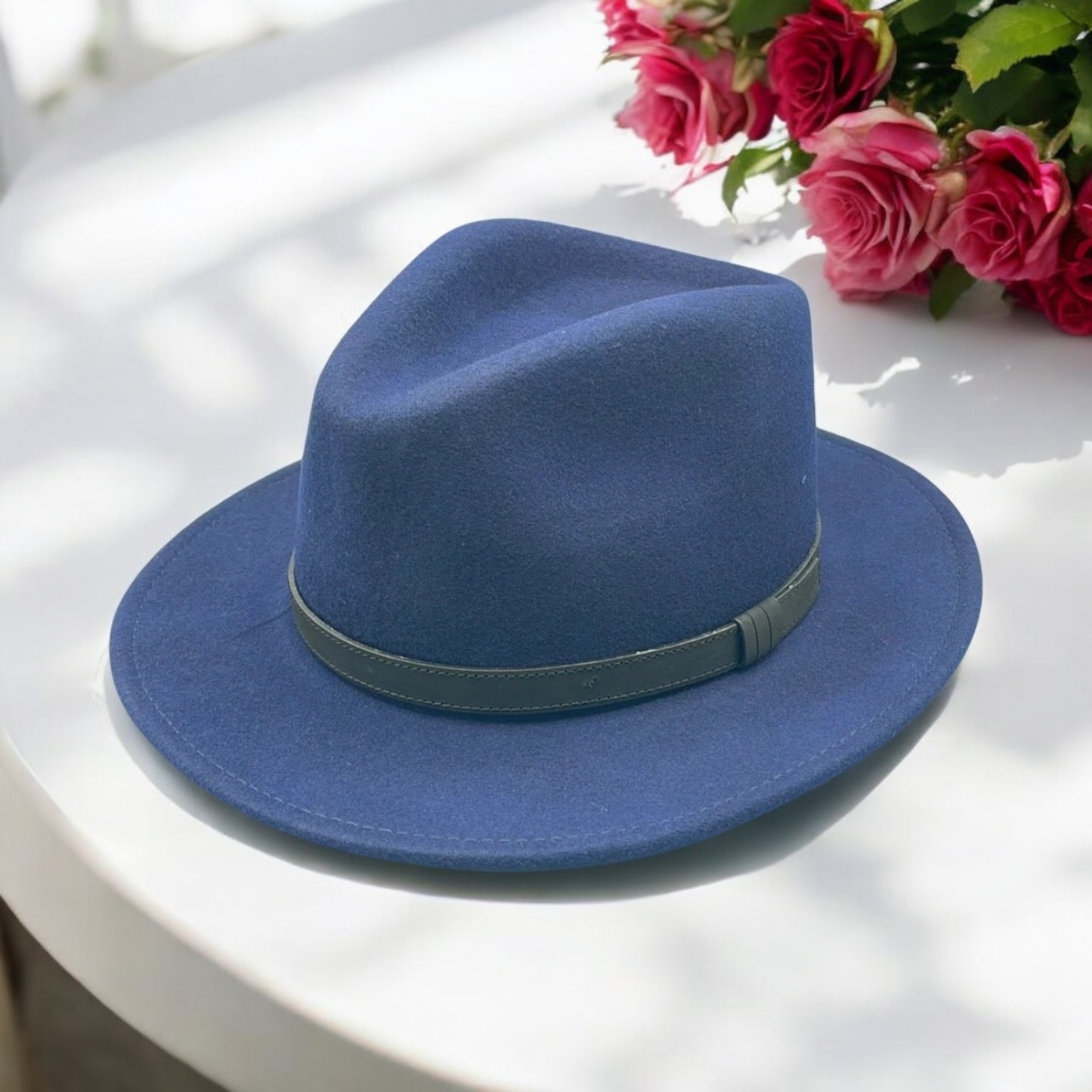 Fedora Navy Hat With Black Leather Band