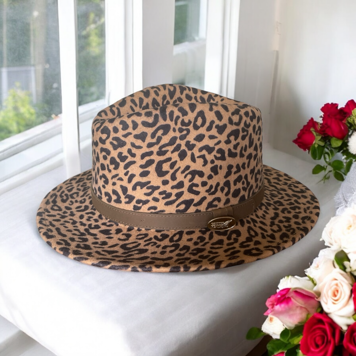 Fedora Leopard Print Hat With A Brown Leather Band (CFH62)