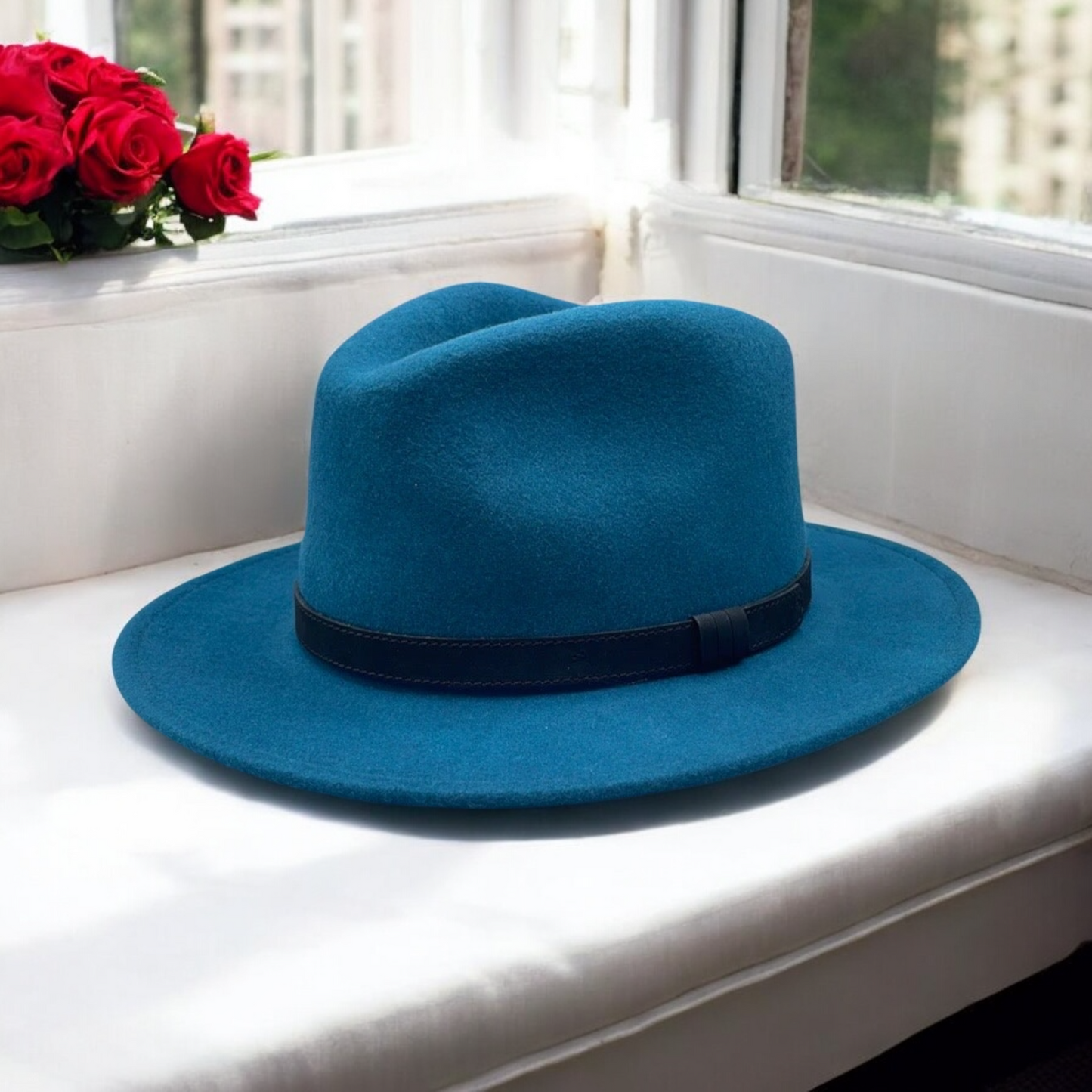 Fedora Teal Hat With Black Leather Band