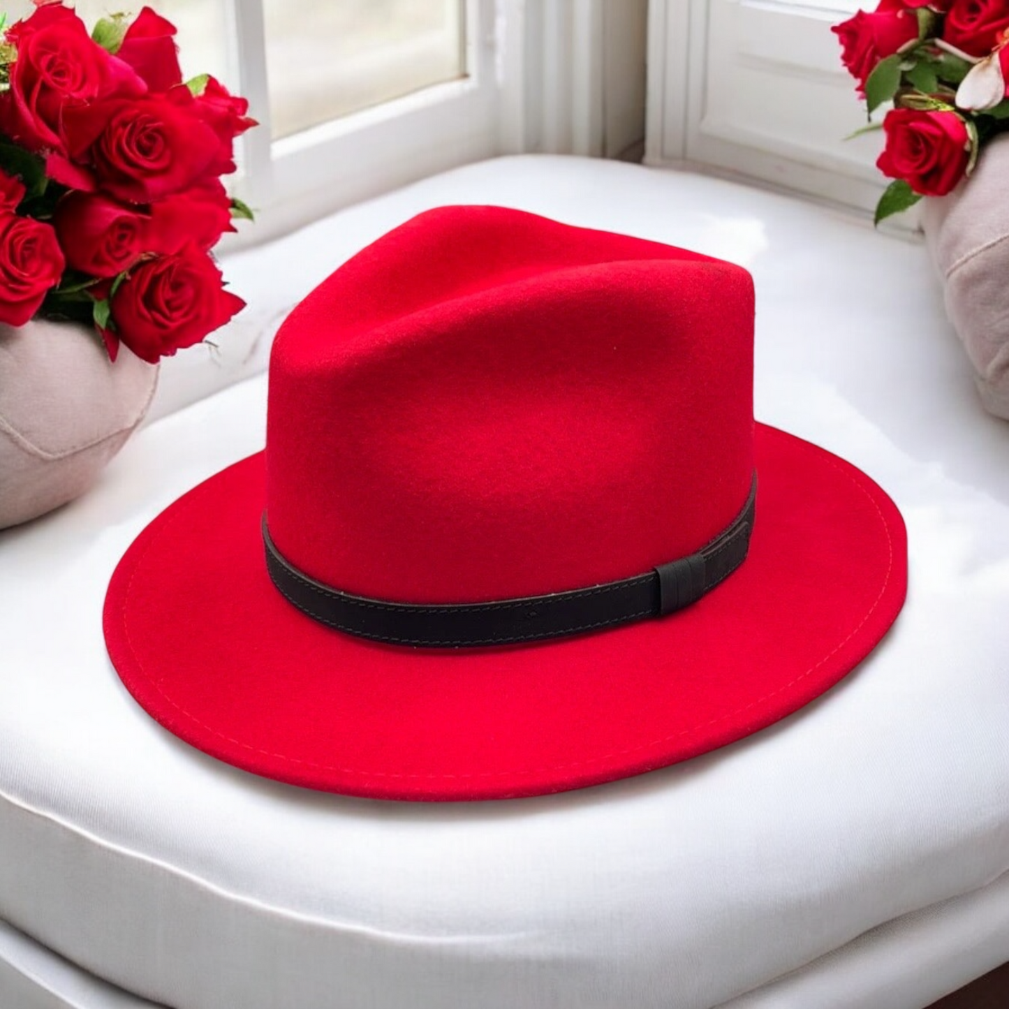 Fedora Cherry Red Hat with Black Leather Band