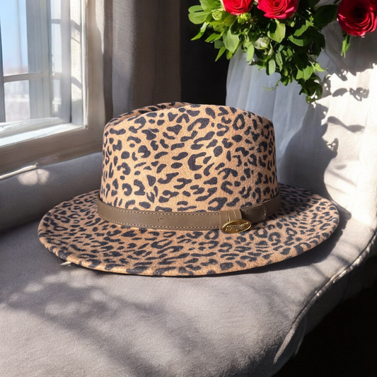 Fedora Leopard Print Hat With A Brown Leather Band (CFH62)