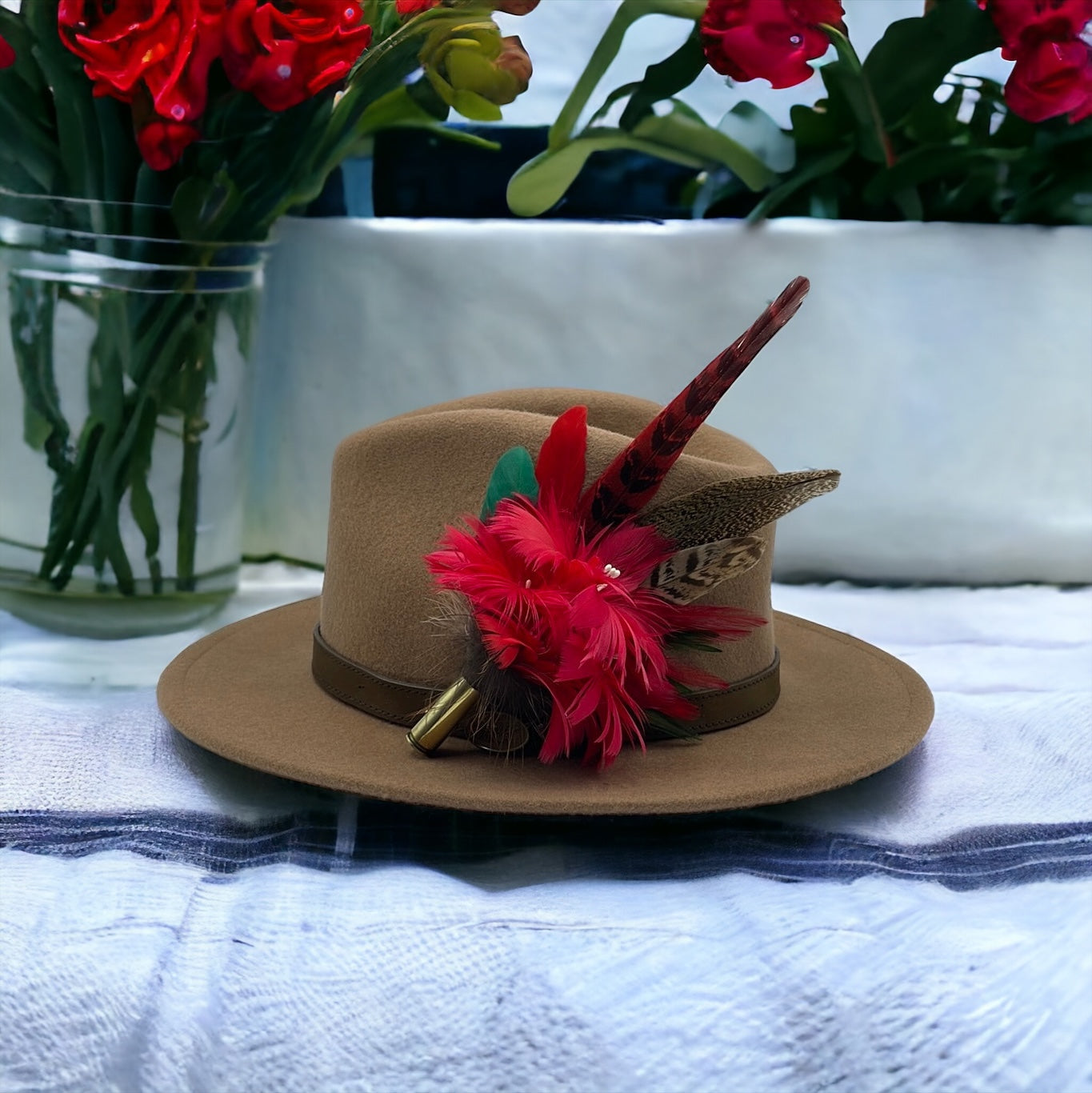 Red, Green & Natural Feather Hat Pin (CFP407)