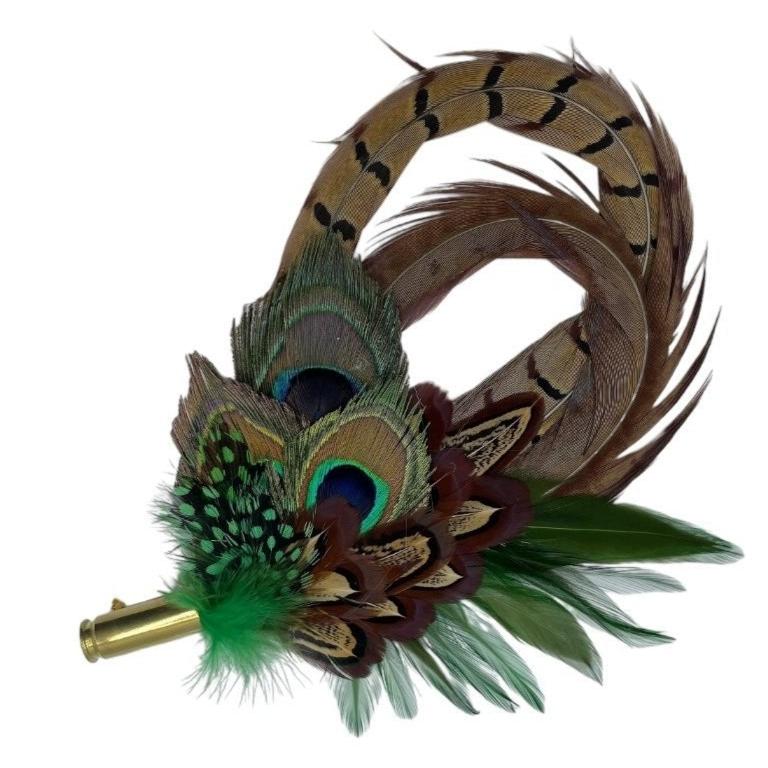 Peacock, Green & Natural Feather Hat Pin (CFP607)