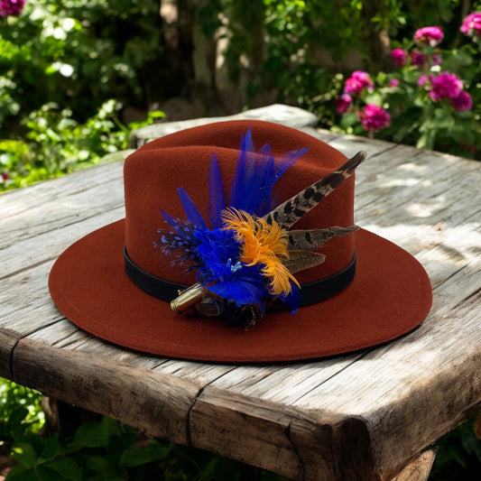 Orange, Royal Blue & Natural Feather Hat Pin (CFP543)