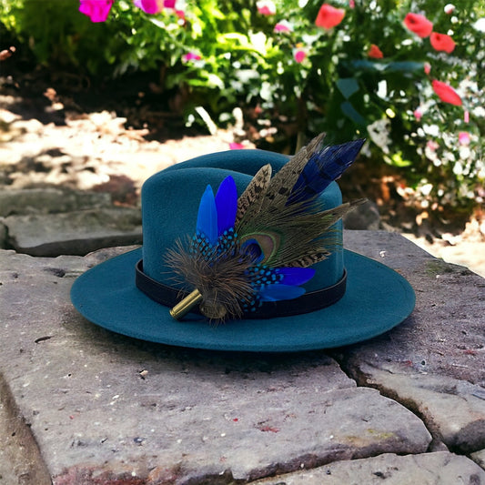 Peacock, Blue & Natural Feather hat Pin (CFP497)