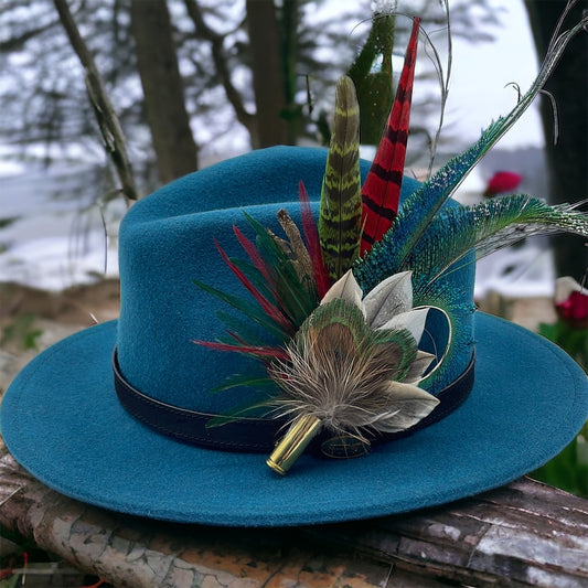 Peacock, Wine, Red & Natural Feather Hat Pin (CFP351)