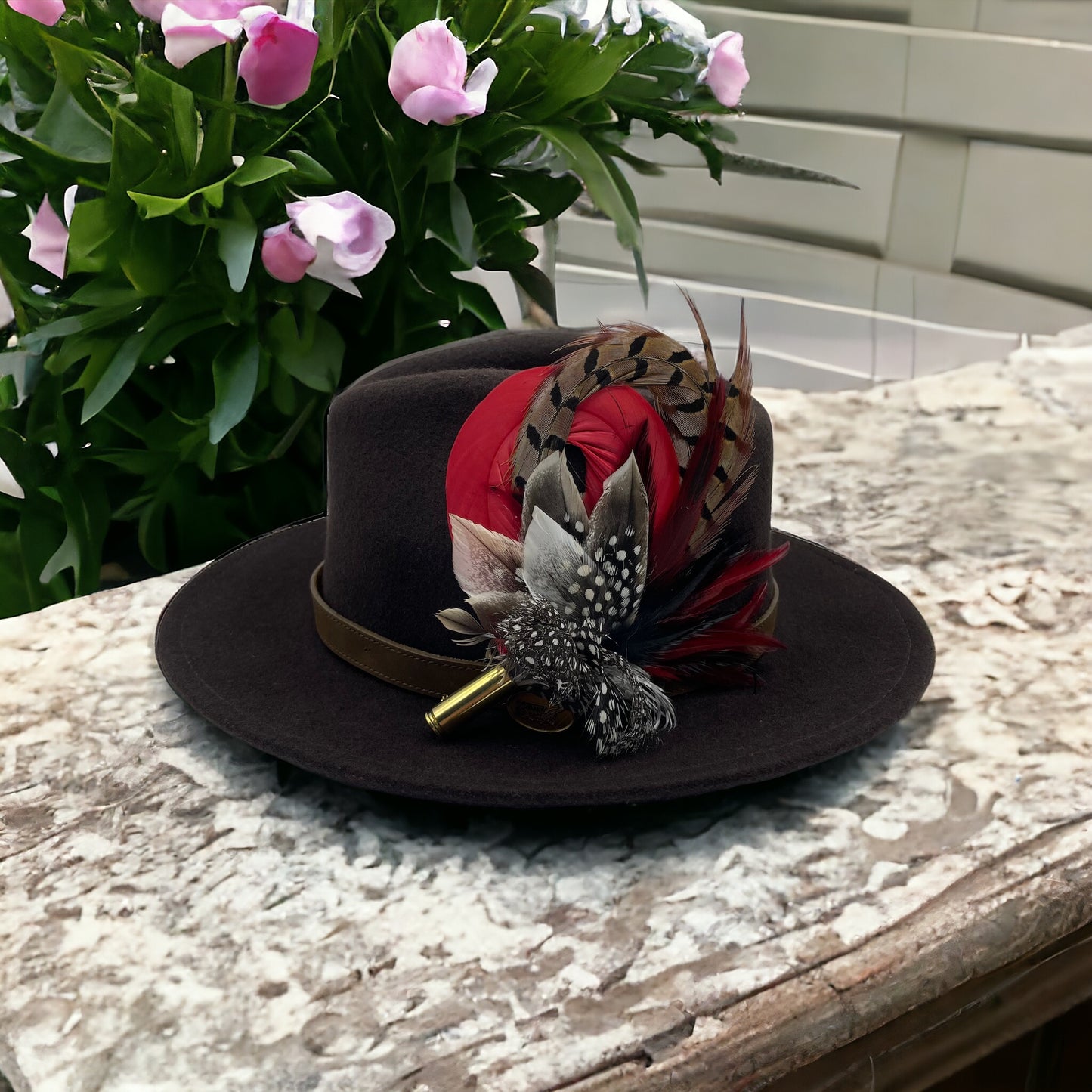 Red, Black, White & Natural Feather Hat Pin (CFP246)