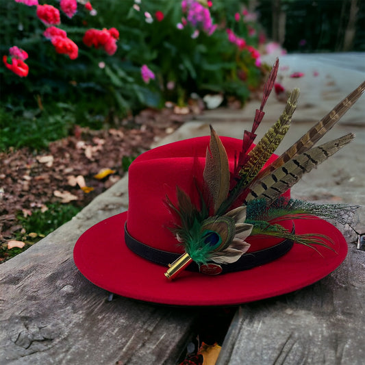 Peacock, Wine & Natural Feather Hat Pin (CFP352)