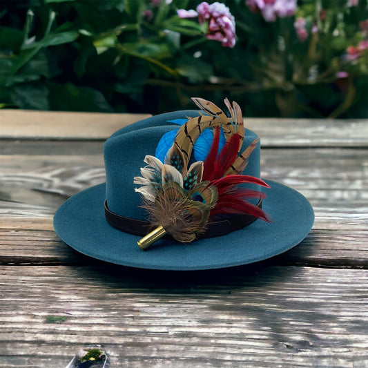 Peacock, Wine, Blue & Natural Feather Hat Pin (CFP288)