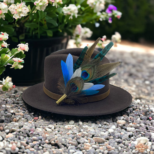 Peacock, Blue & Natural Feather Hat Pin (CFP503)