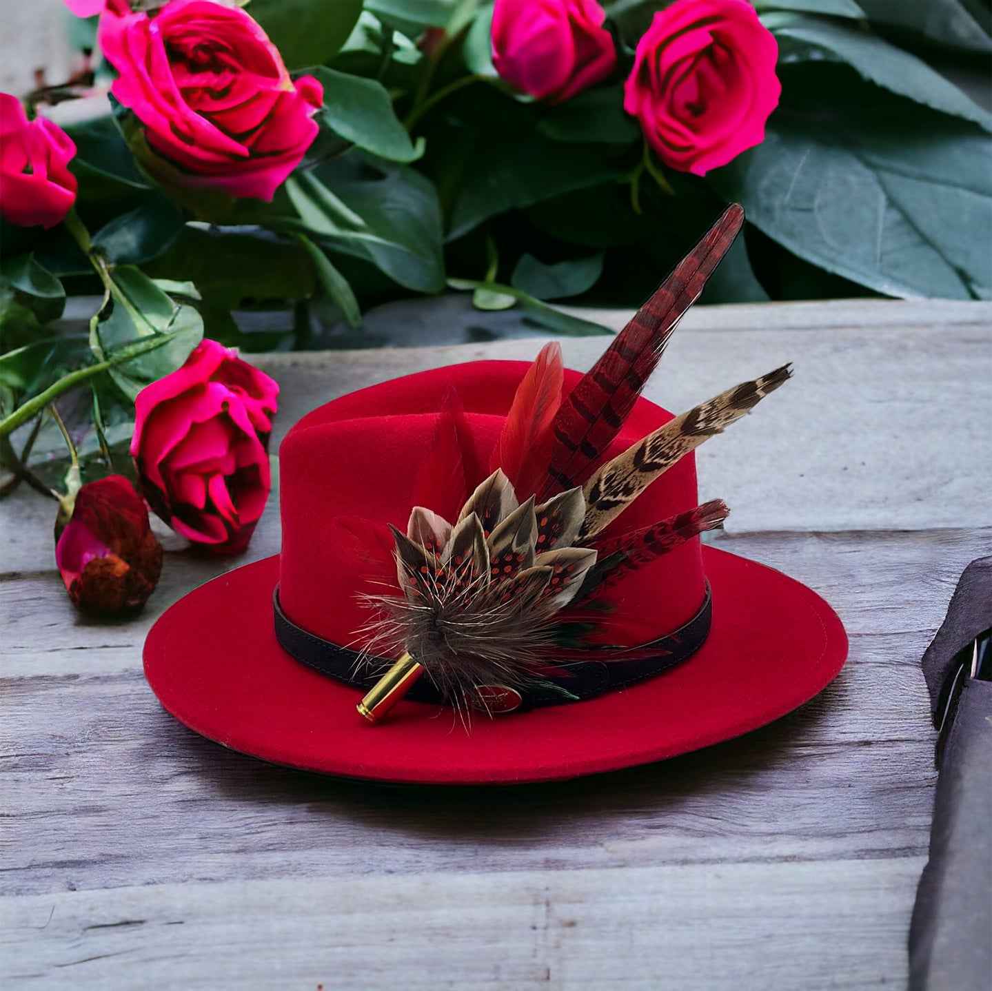 Ruby, Green, Red & Natural Feather Hat Pin (CFP354)