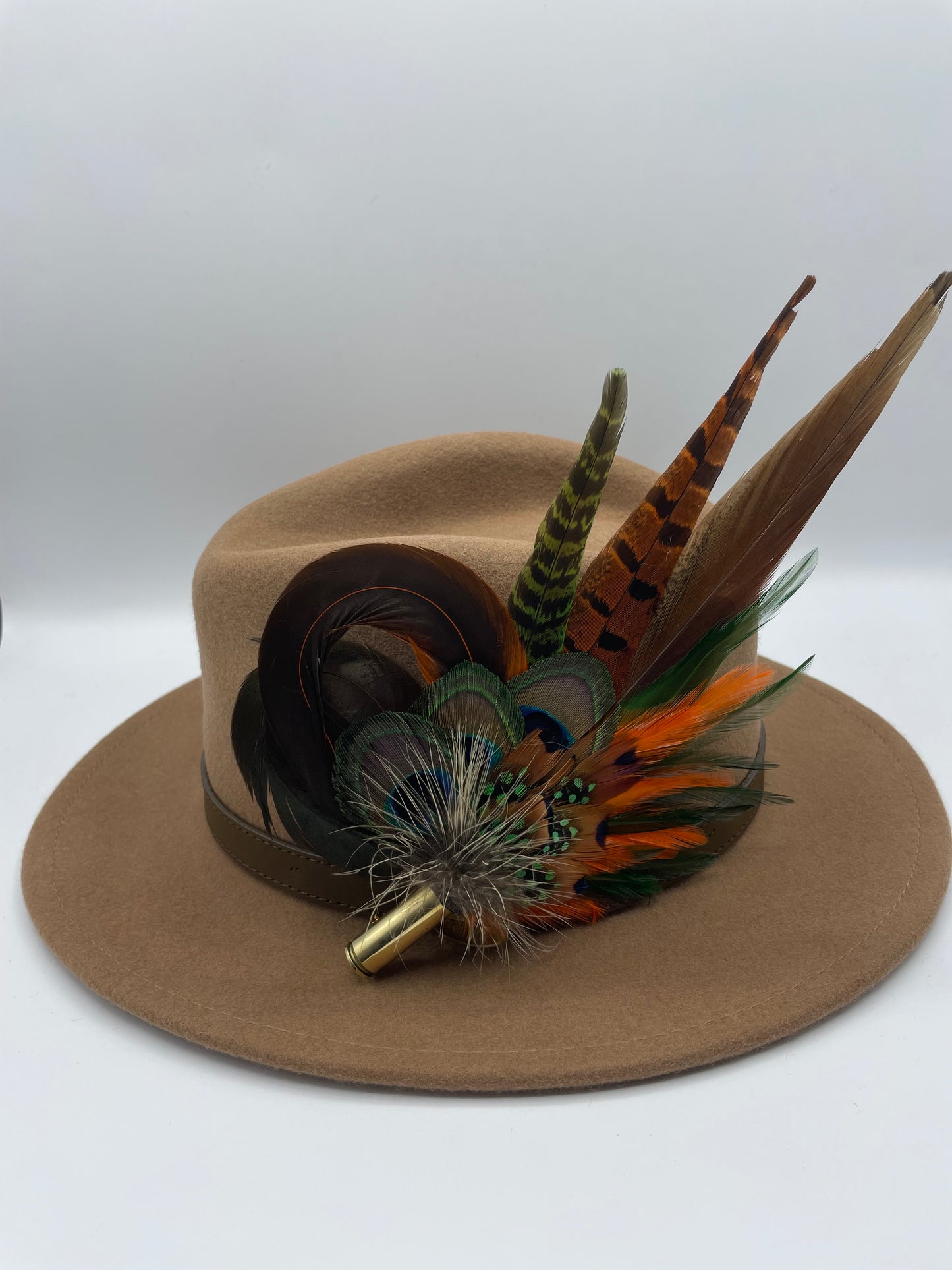 Peacock, Rust, Green & Natural Feather Hat Pin (CFP373)