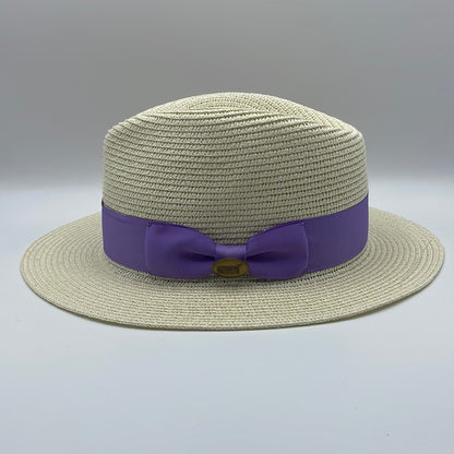 Fedora Straw Hat with Lilac Ribbon Band