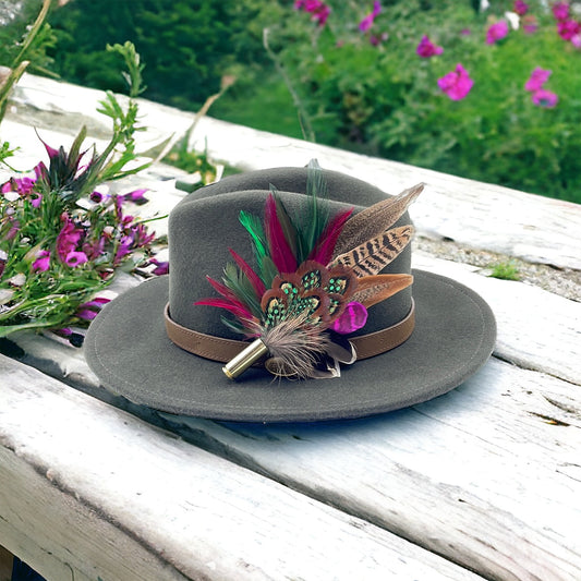 Wine, Green & Natural Feather Hat Pin (CFP282)