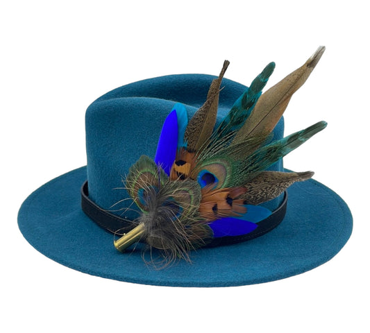 Peacock, Blue, Green & Natural Feather Hat Pin (CFP498)