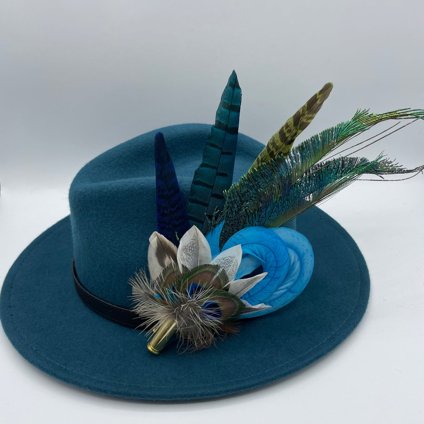 Peacock, Turquoise & Natural Feather Hat Pin (CFP248)