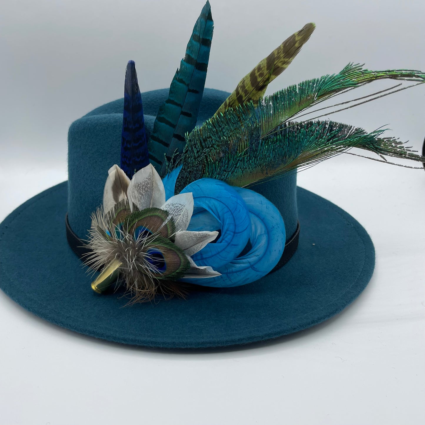 Peacock, Turquoise & Natural Feather Hat Pin (CFP248)